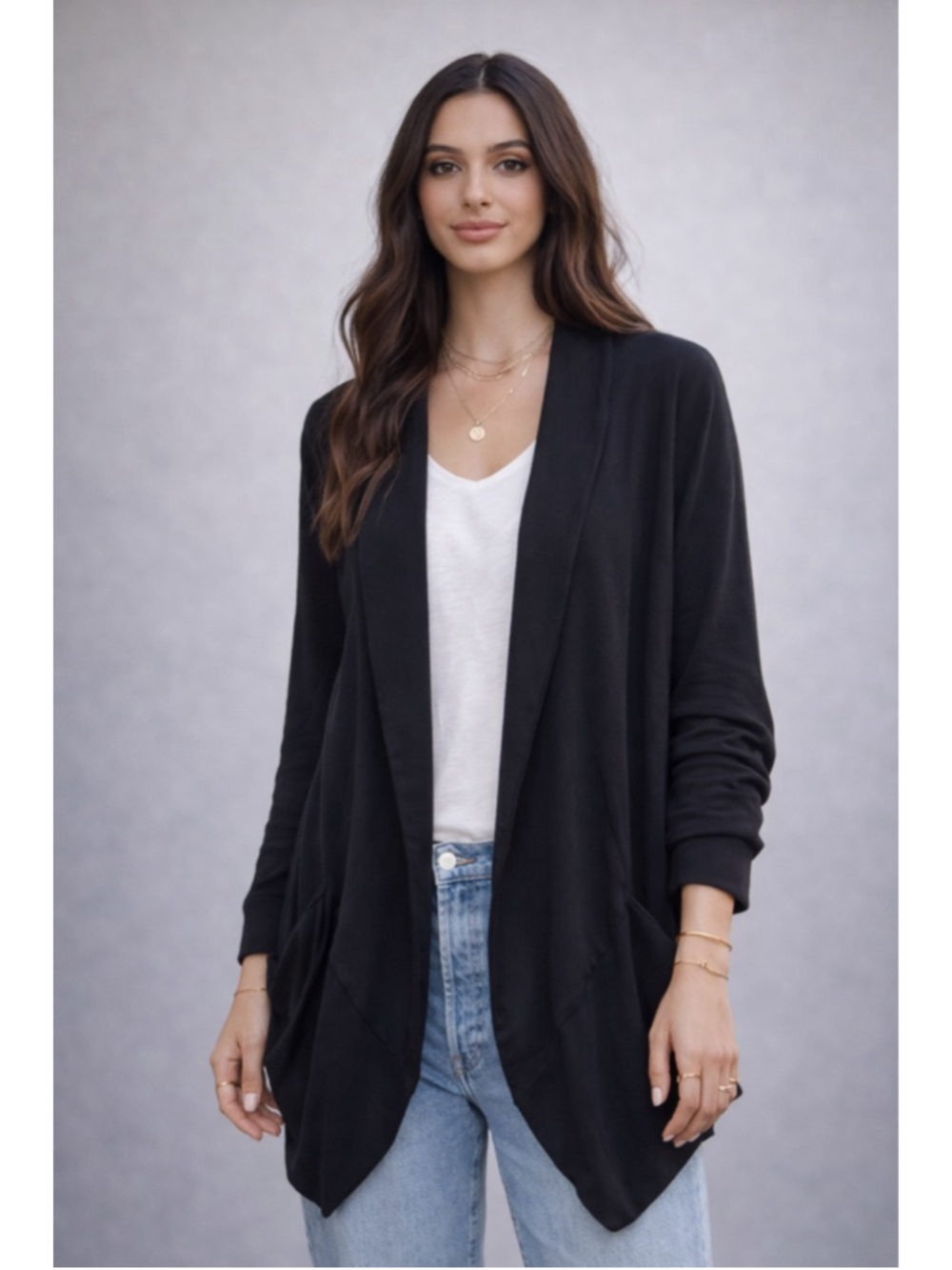 Eileen Fisher Black Open Front Cardigan Jacket Pockets Long Sleeve XL